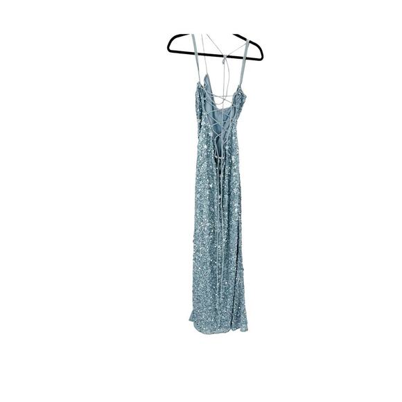 Mac Duggal Embellished Sweetheart Gown Dress Slit Lace Up Ice Blue Size M NWT - Picture 7 of 13